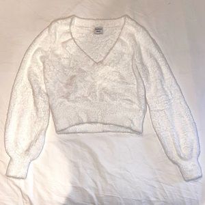 Fluffy White V-Neck Cropped Sweater